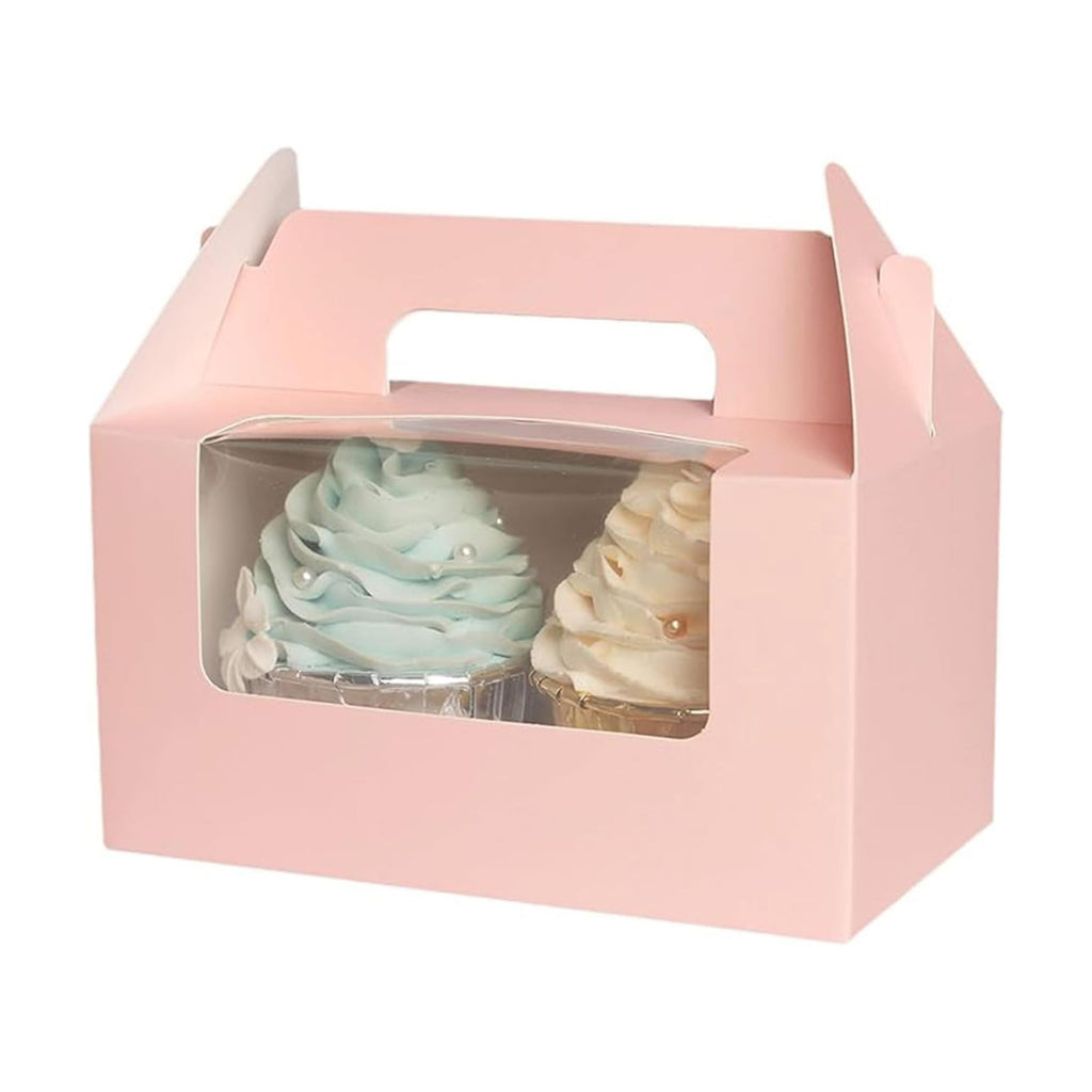 qiqee Pink Cupcake Box Two Holder 6.5x3.6x3.5inch(2.2" Top) 50pcs 2 Cupcake Boxes With Window