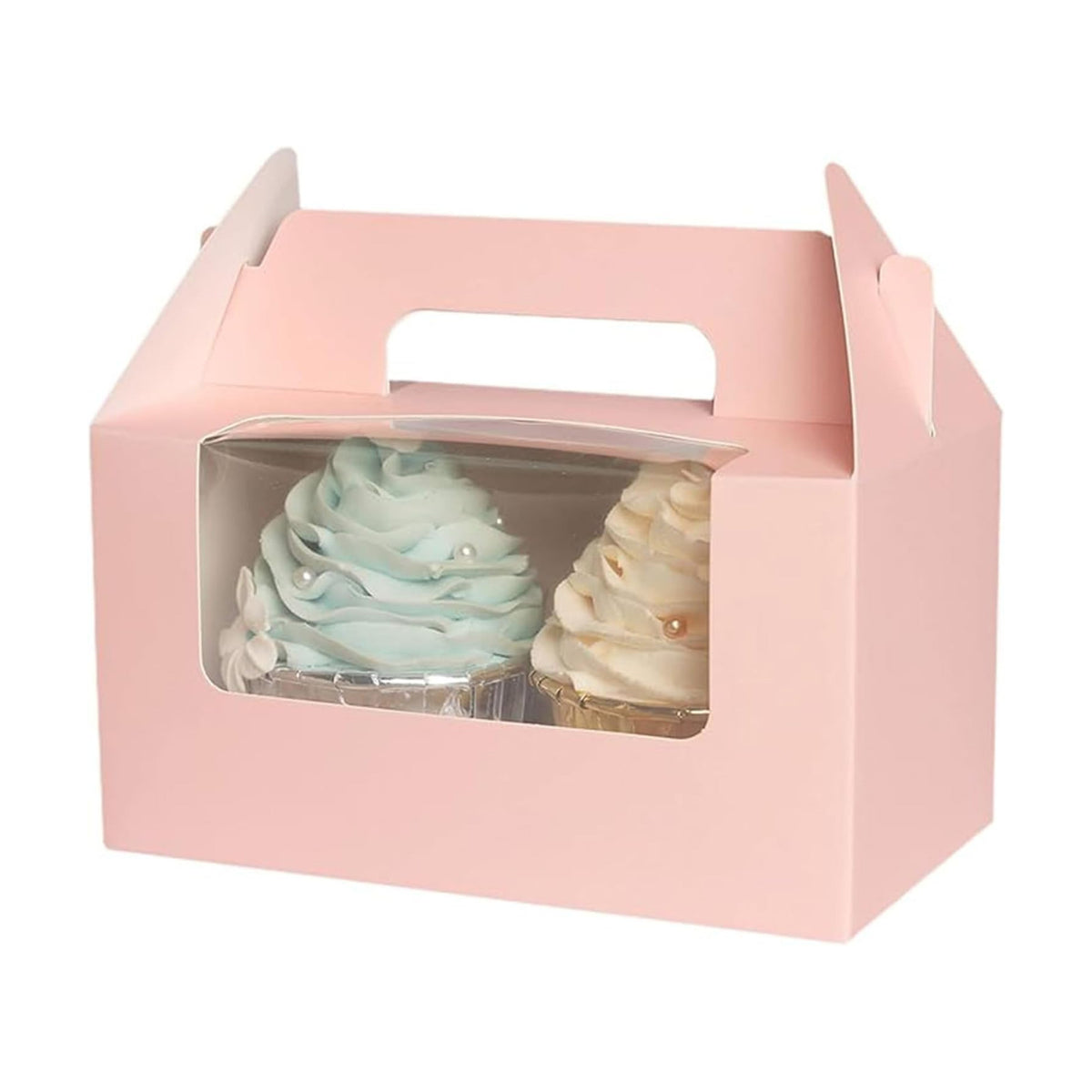 qiqee Pink Cupcake Box Two Holder 6.5x3.6x3.5inch(2.2" Top) 50pcs 2 Cupcake Boxes With Window