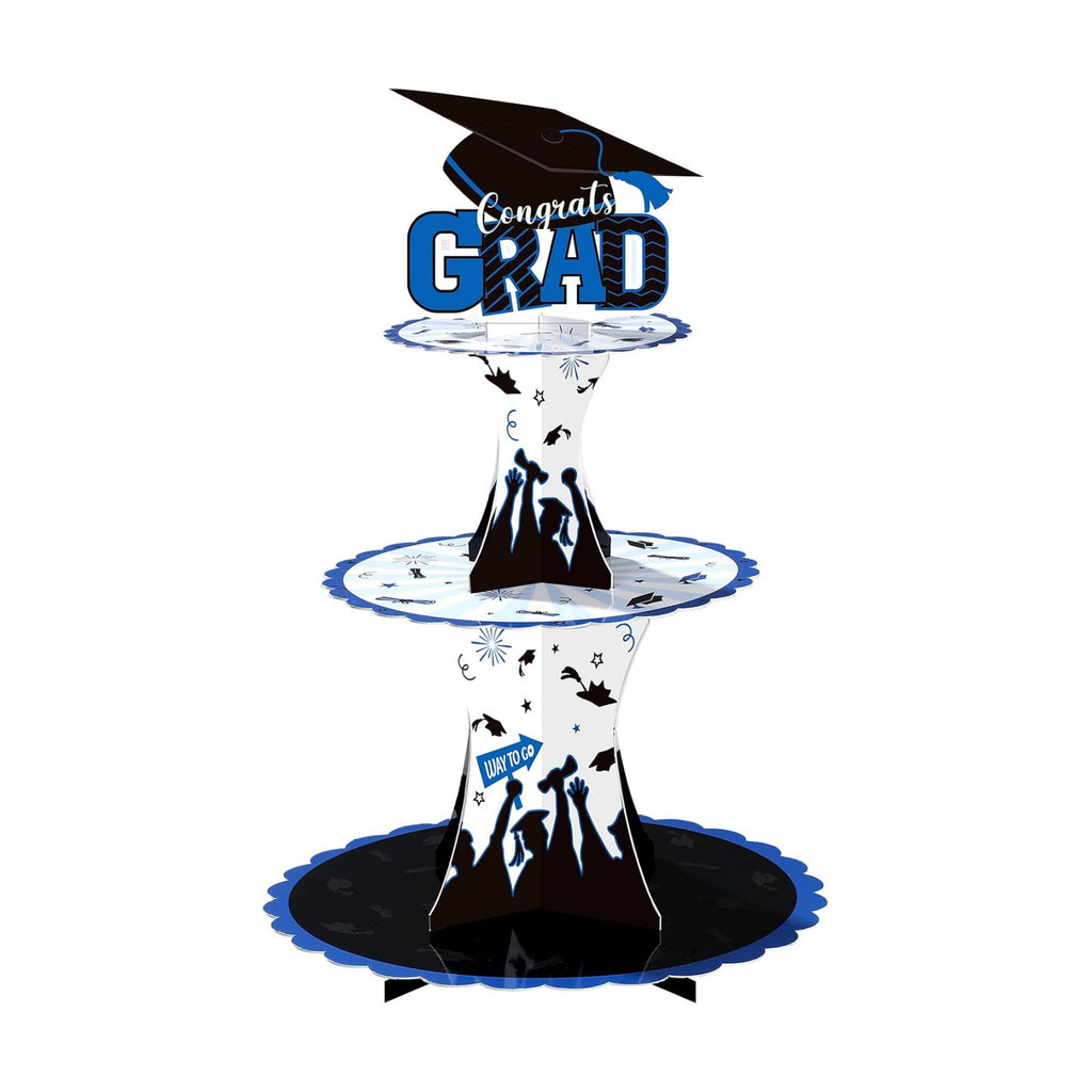 Nuenen Graduation Cupcake Holder Decoration 3 Tier Congrats Grad Party Cupcake Stand Tower Cardboard Grad Theme Dessert Stand for Graduation Party Supplies Favors(Blue and Black)