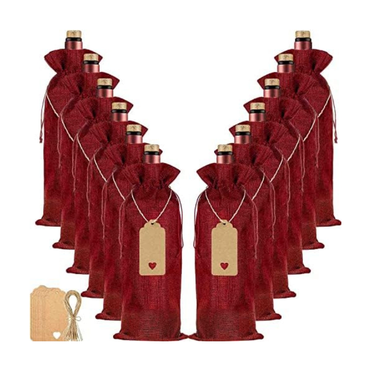 Homum 12Pcs Premium Burlap Wine Bags, Reusable Wine Bottle Bags for Weddings, Parties, Blind Tastings, Christmas, Birthdays, Housewarming, Home Storage (Red)