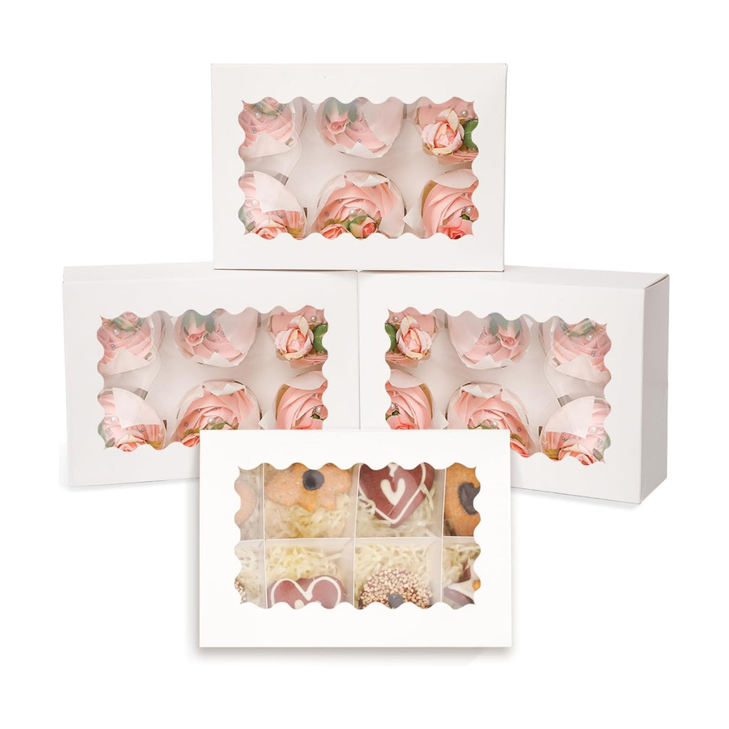 qiqee White 6 Cupcake Boxes with Window Auto-pop up 30 Packs Cupcake Box 9.4"x6.1"x3.3" Bakery Boxes For Cupcakes Carrier, Cupcake Containers