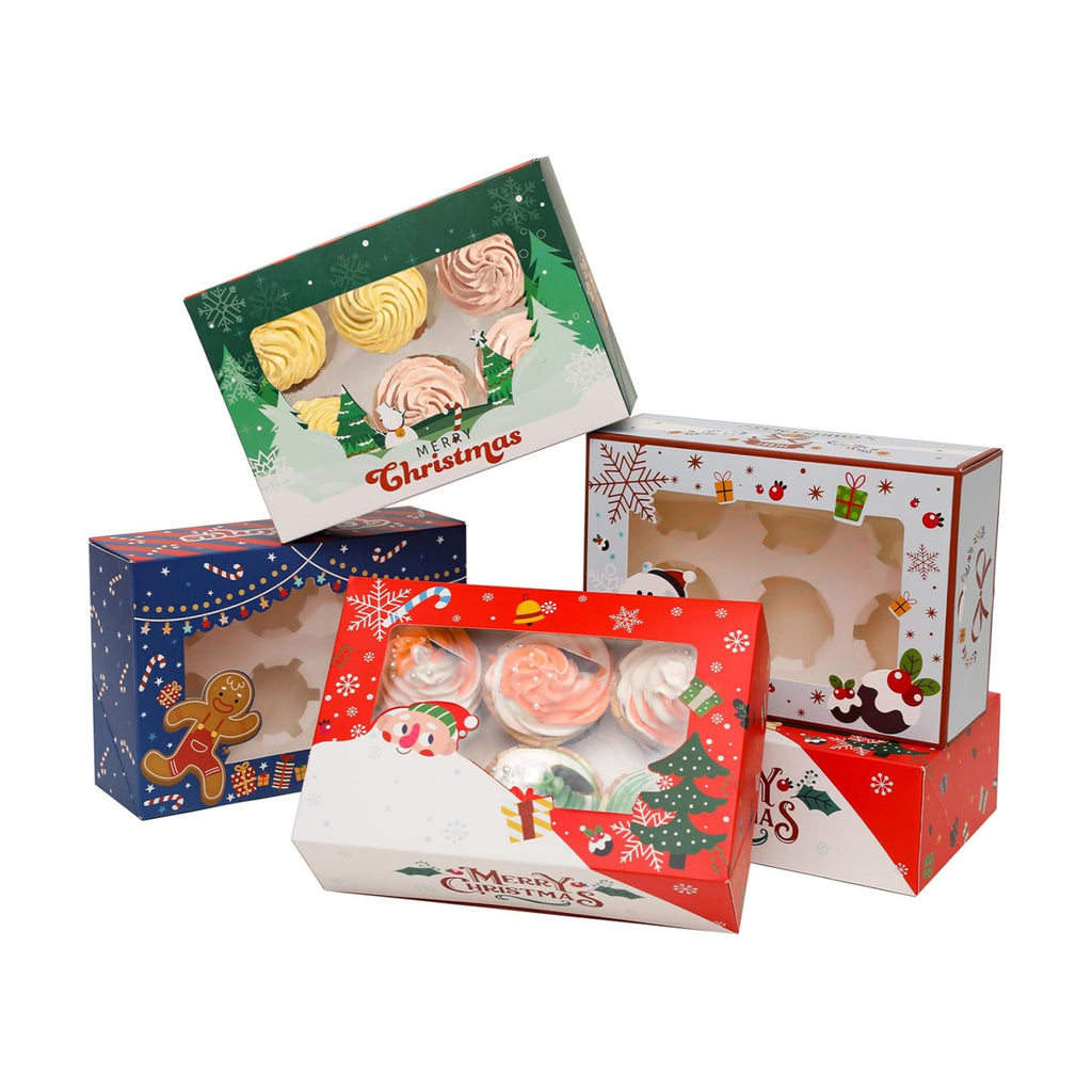 qiqee Christmas 6 Cupcake Boxes with Window 30 Packs Cupcake Box 9.4x6.1x3 inch Bakery Boxes For Cupcakes Carrier, Cupcake Containers