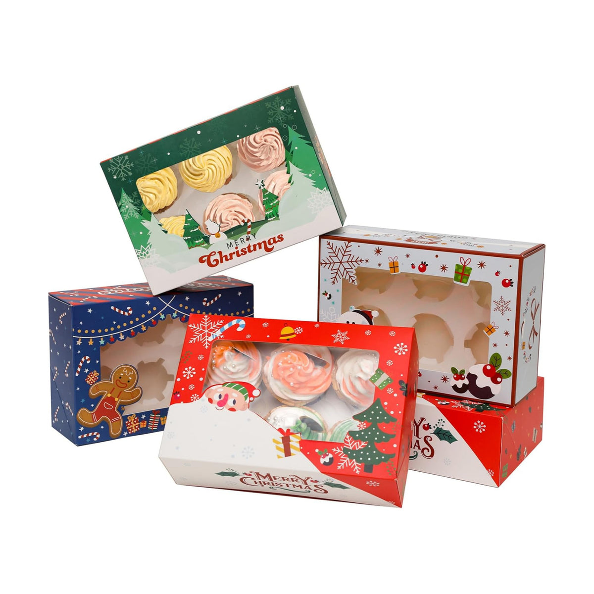 qiqee Christmas 6 Cupcake Boxes with Window 30 Packs Cupcake Box 9.4x6.1x3 inch Bakery Boxes For Cupcakes Carrier, Cupcake Containers