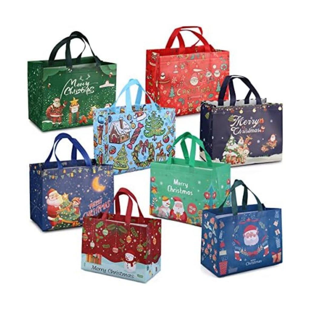 PARSUP 8PCS Christmas Gift Bags, Non-Woven Tote Treat Christmas Bags with Handles for Gifts Wrapping Shopping, Xmas Party Supplies, 12.8"×9.8"×6.7"