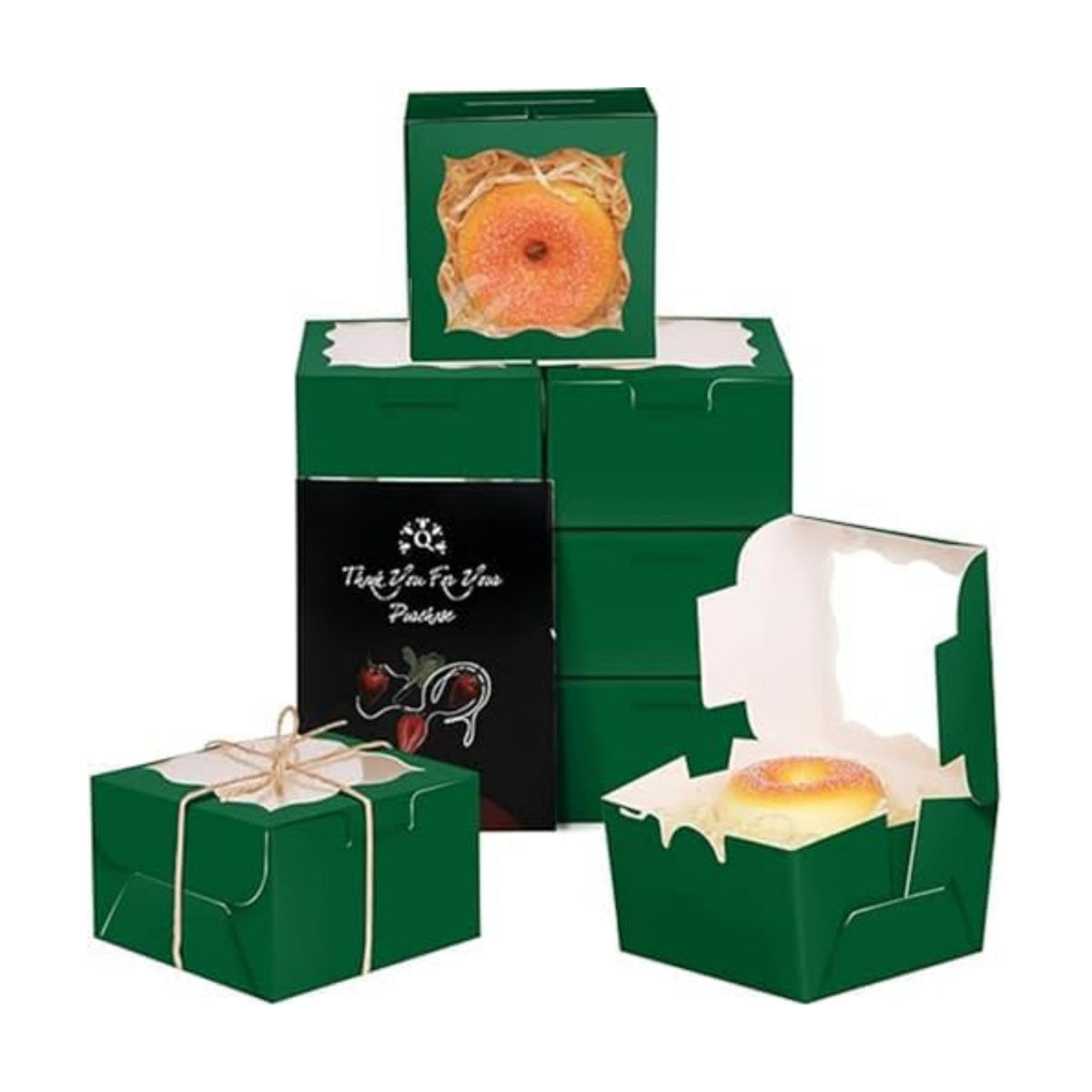 qiqee Deep Green Bakery Boxes with Window 55pcs 4x4x2.5 Mini Cookie Boxes Macaron Boxes Small Donut Pastry Boxes for Party