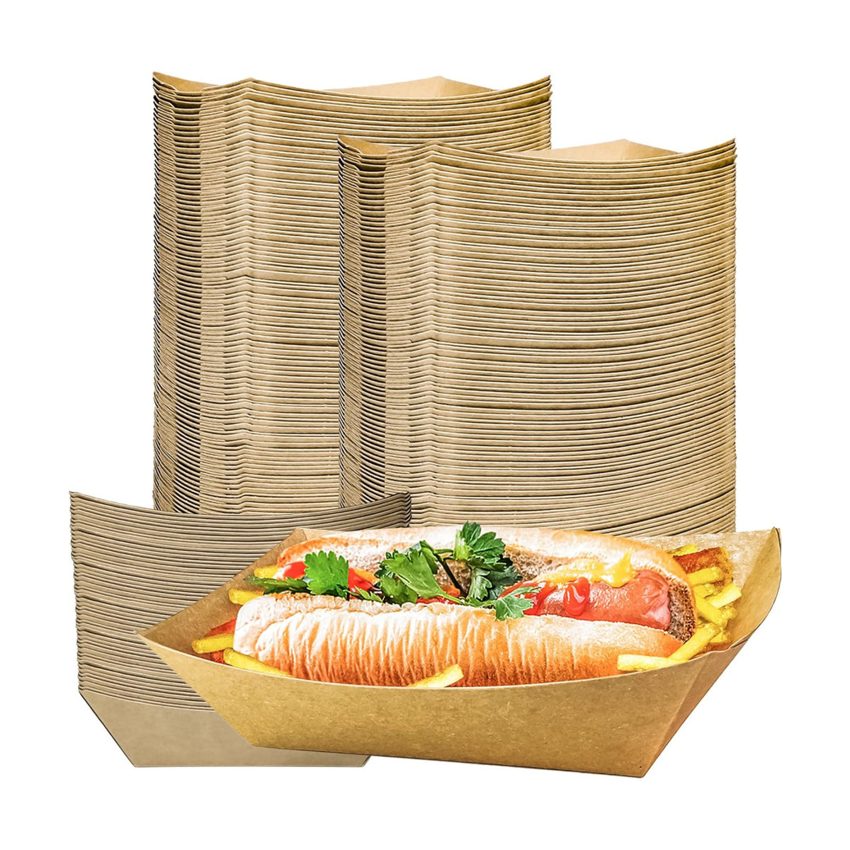 100 Pack 3lb Kraft Paper Food Trays, Heavy-Duty Paper Food Boat Disposable Serving Basket Tray for French Fries Nachos Snack Hot Dog Taco BBQ Popcorn Party Picnic Wedding Party (Brown)