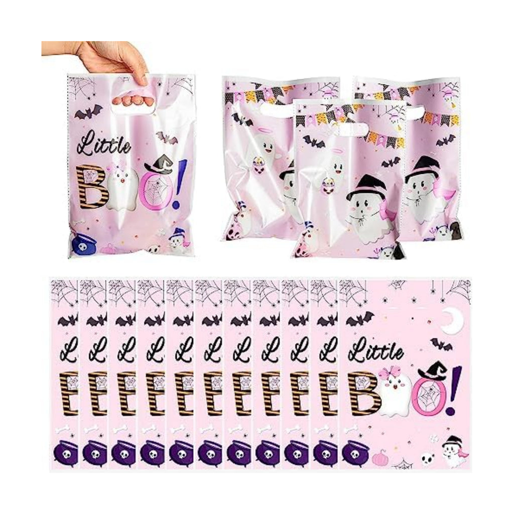 Haooryx Pink Little Boo Favor Bags Halloween Little Ghost Plastic Gift Bags