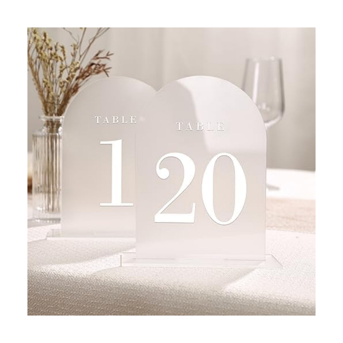 UNIQOOO Frosted Arch Wedding Table Numbers with Stands 1-20, 5x7" Acrylic Display Signs and Holders, Pack of 20, Perfect for Centerpiece, Reception, Decoration, Party, Anniversary, Event