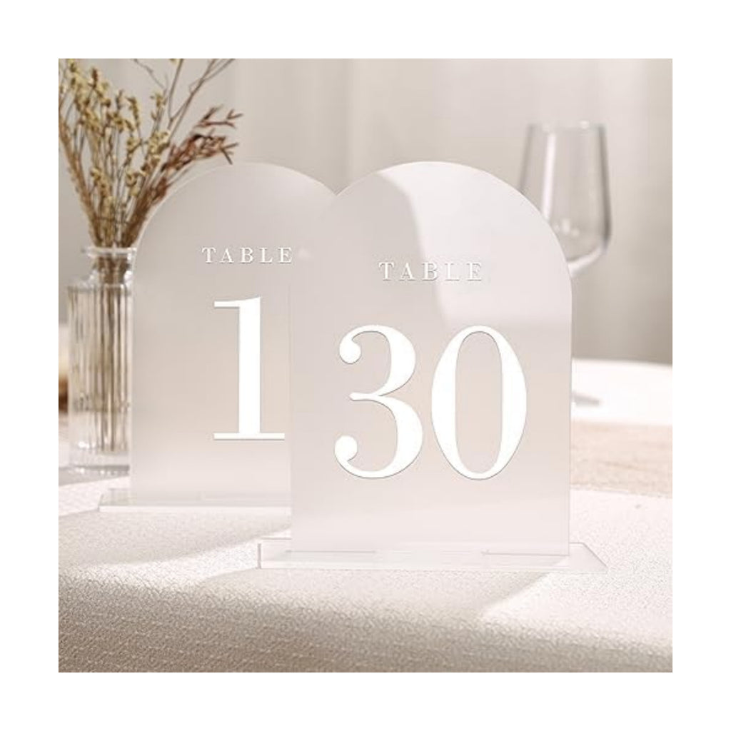 UNIQOOO Frosted Arch Wedding Table Numbers with Stands 1-30, 5x7" Acrylic Display Signs and Holders, Pack of 30, Perfect for Centerpiece, Reception, Decoration, Party, Anniversary, Event