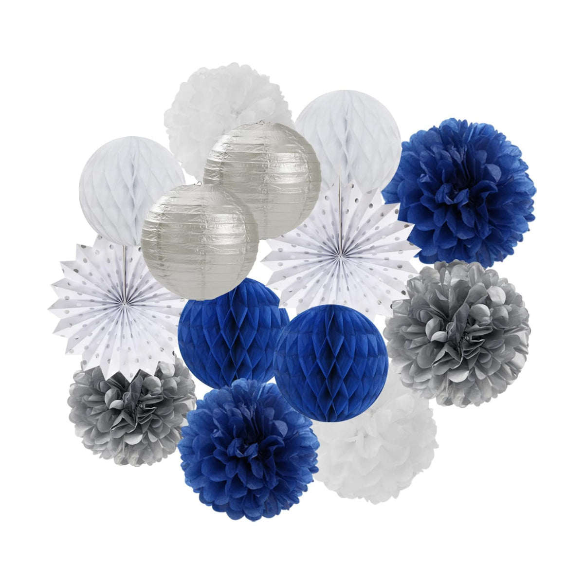 Navy-Blue White Silver Party Decorations - 14pcs Kits Paper Lanterns Fan,Tissue Flower Pom Poms Streamers,Honeycomb Balls,Graduation 2026 Men Birthday Wedding Baby Bridal Shower Decor Lasting Surprise