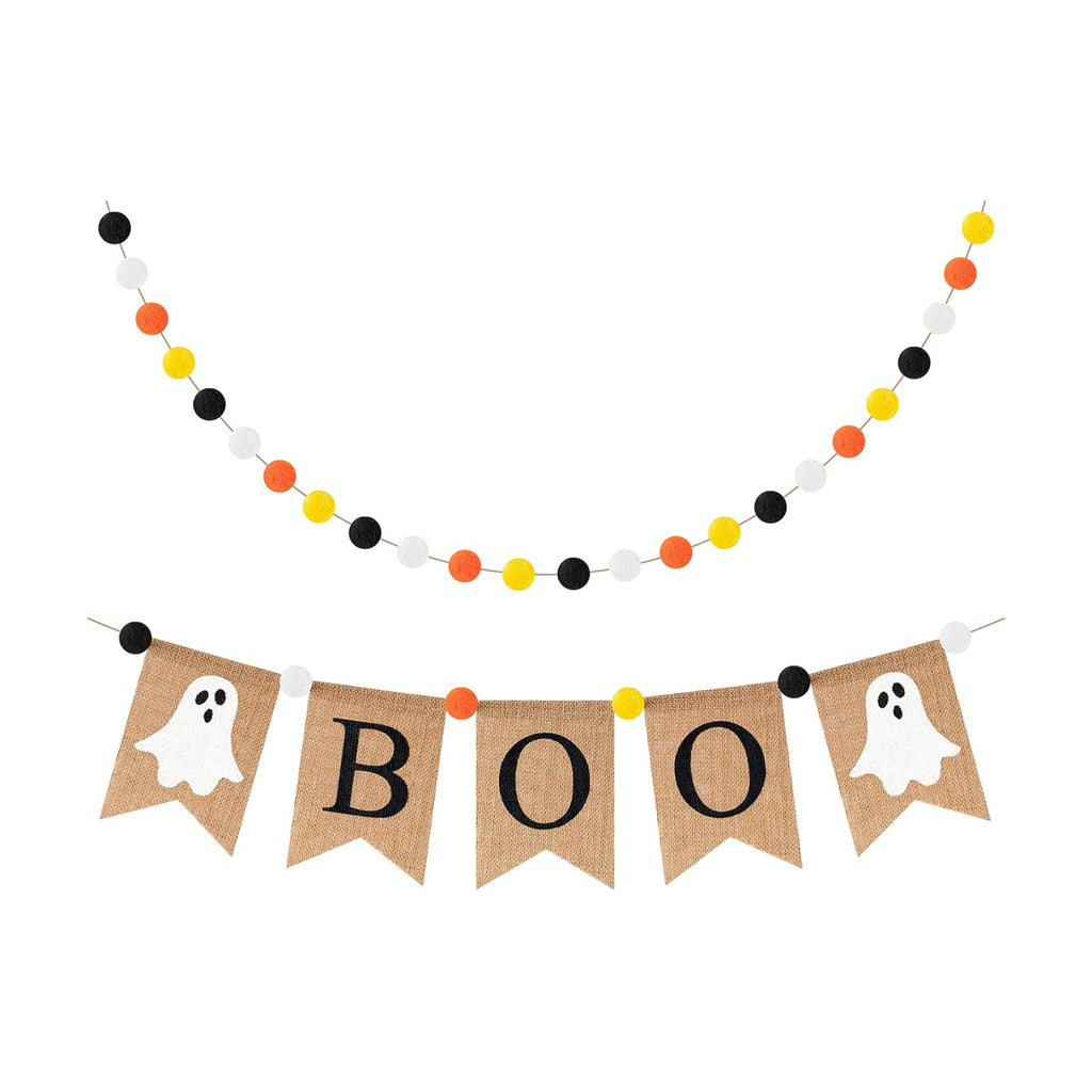 WATINC 2pcs Halloween Scary Boo Burlap Banner Ghost Pom Pom Garland Set, Happy Halloween Felt Ball Banner Hanging Decorations Thanksgiving Carnival Holiday Party Hang Bunting Decor for Home Wall