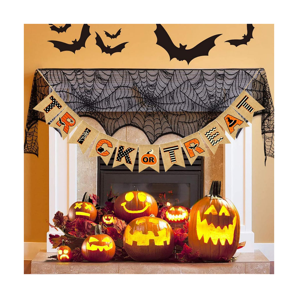 Halloween Banner Happy Trick or Treat Hanging Burlap Banner for Fireplace, Halloween Bunting Garland Banner for Mantle Home Halloween Party Decorations