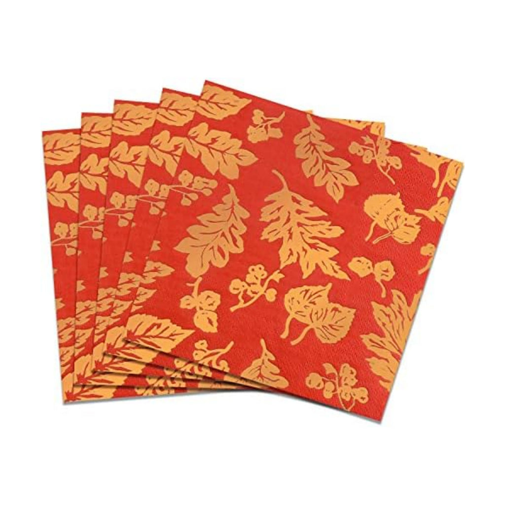 50 Pack Gold Foil fall Paper Napkins Disposable napkins red gold maple leaves for autumn and Thanksgiving, engagement, baby shower, celebration party 6.5 x 6.5 inches