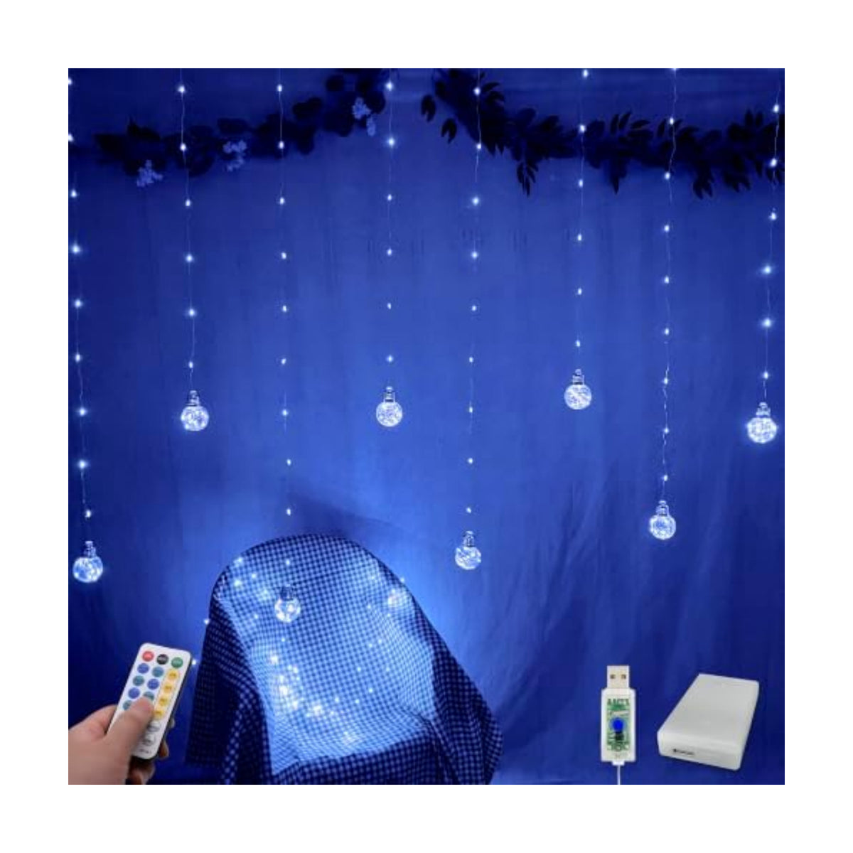 YOLIGHT Wishing Ball Curtain Lights 200 LED Window Curtain String Lights with Remote, USB Battery Powered Twinkle Globe Fairy Lights for Wedding Party Bedroom Christmas Halloween Decoration (Blue)