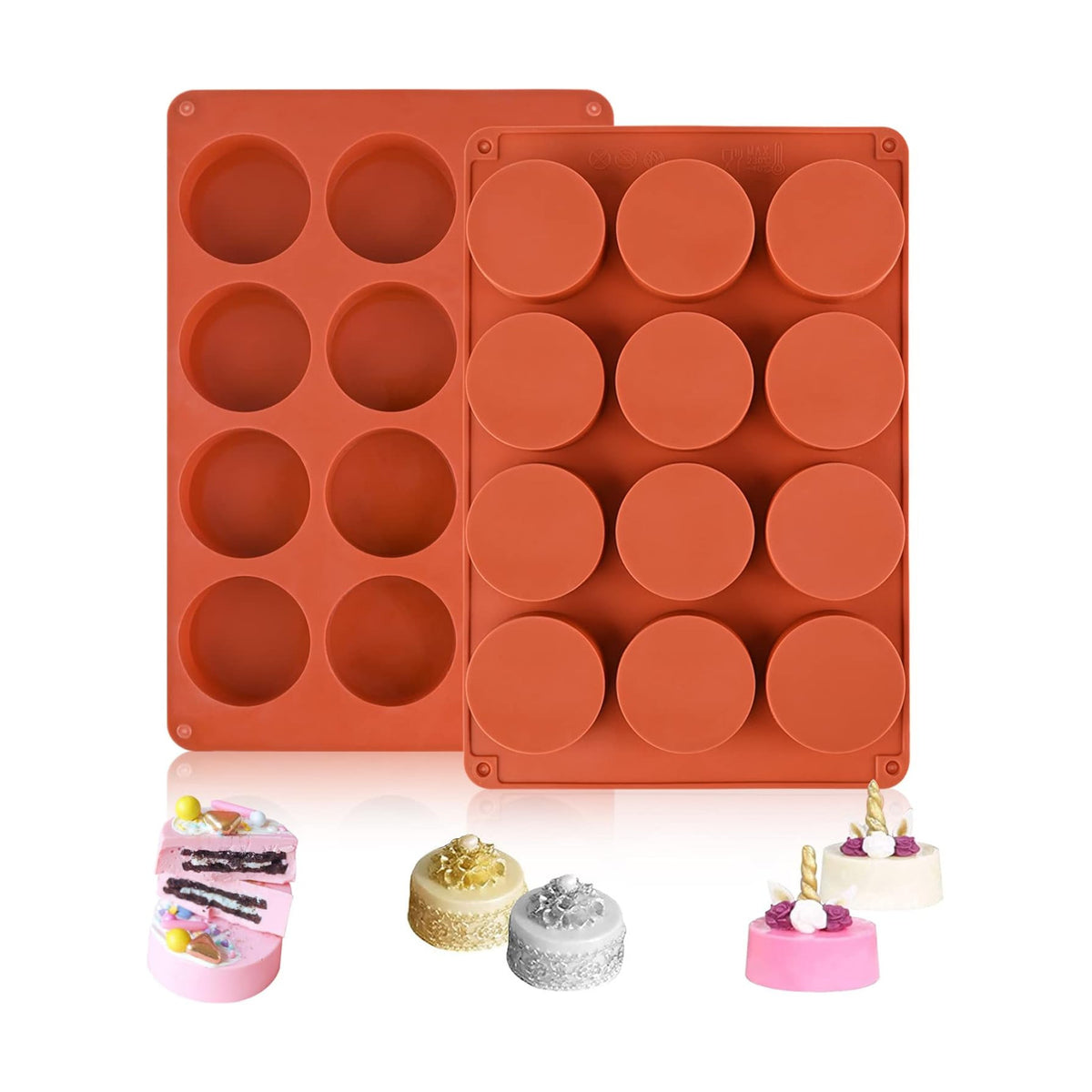 Sakolla 2 Pack Round Chocolate Cookie Molds, 12 Cavity 2.1" Cylinder Silicone Mold for Chocolate Cookie, Cake, Candy, Pudding, Mini Soap (Brown)