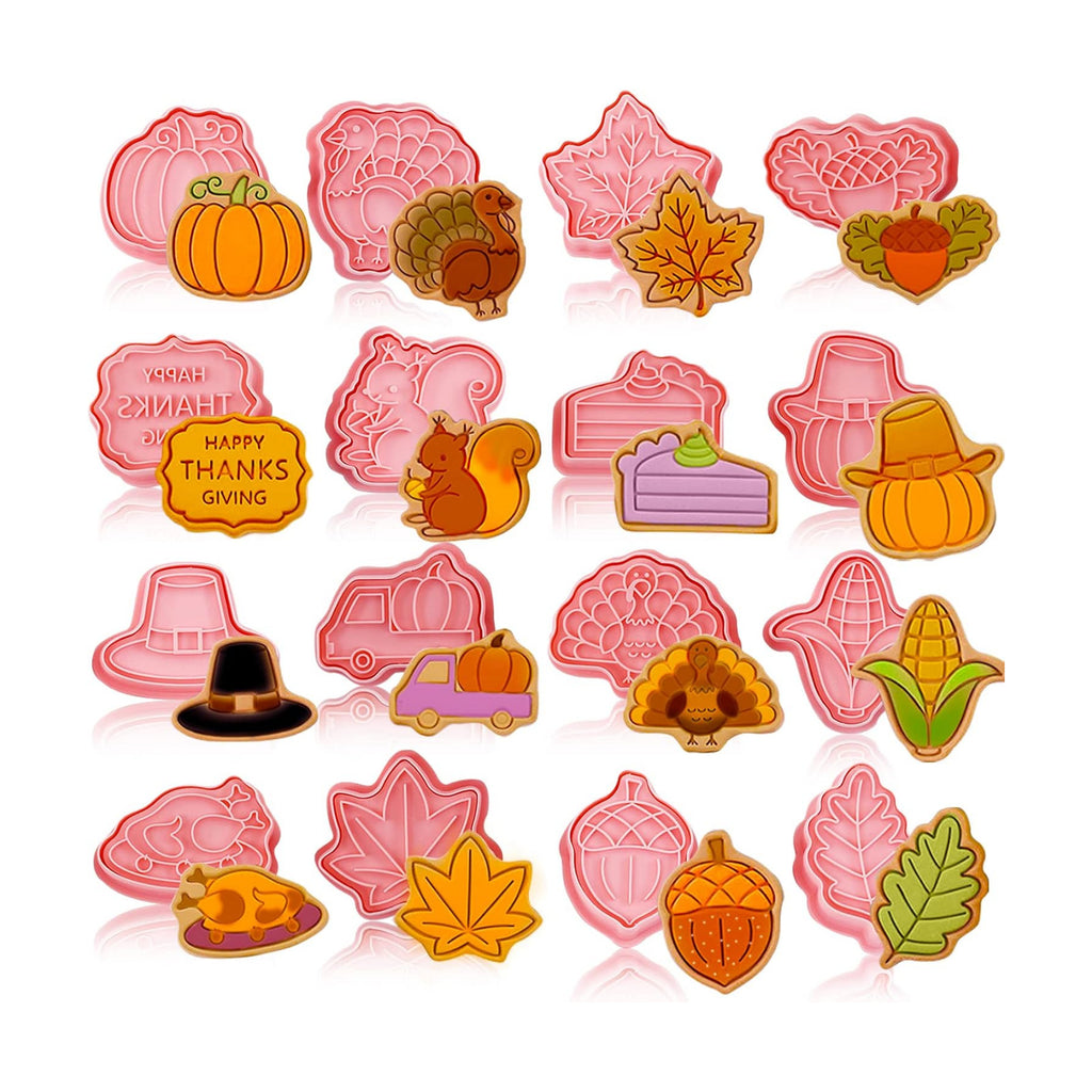 16 Pieces Fall Thanksgiving Cookie Cutters with Plunger Stamps Set Fall Biscuit Mold Maple Leaf Turkey Pumpkin 3D Cookie Stamper Plastic DIY Cookie Tools for Thanksgiving Day Baking Fondant Supplies