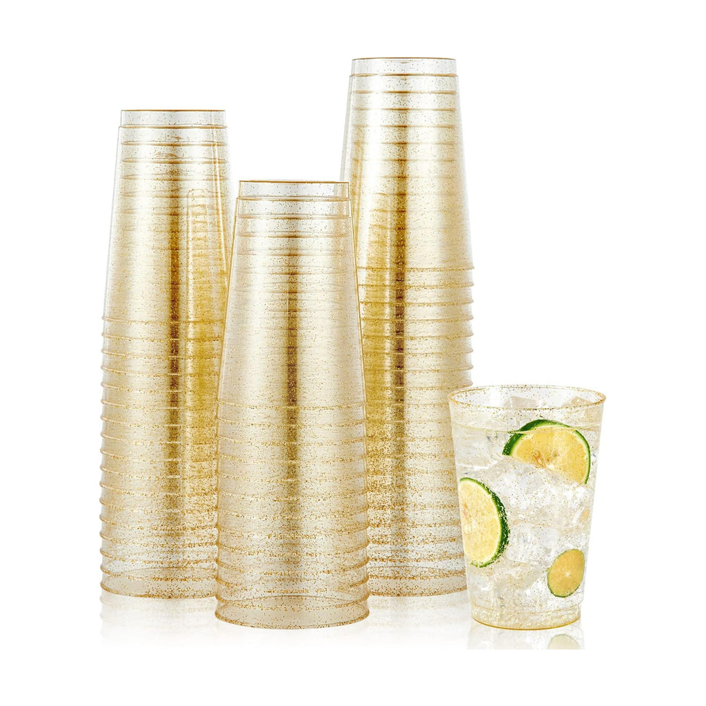 JOLLY CHEF 100 Pack 12 oz Gold Plastic Cups, Disposable Gold Cups, Heavy-duty Party Glasses for Wedding, Thanksgiving, Christmas Parties