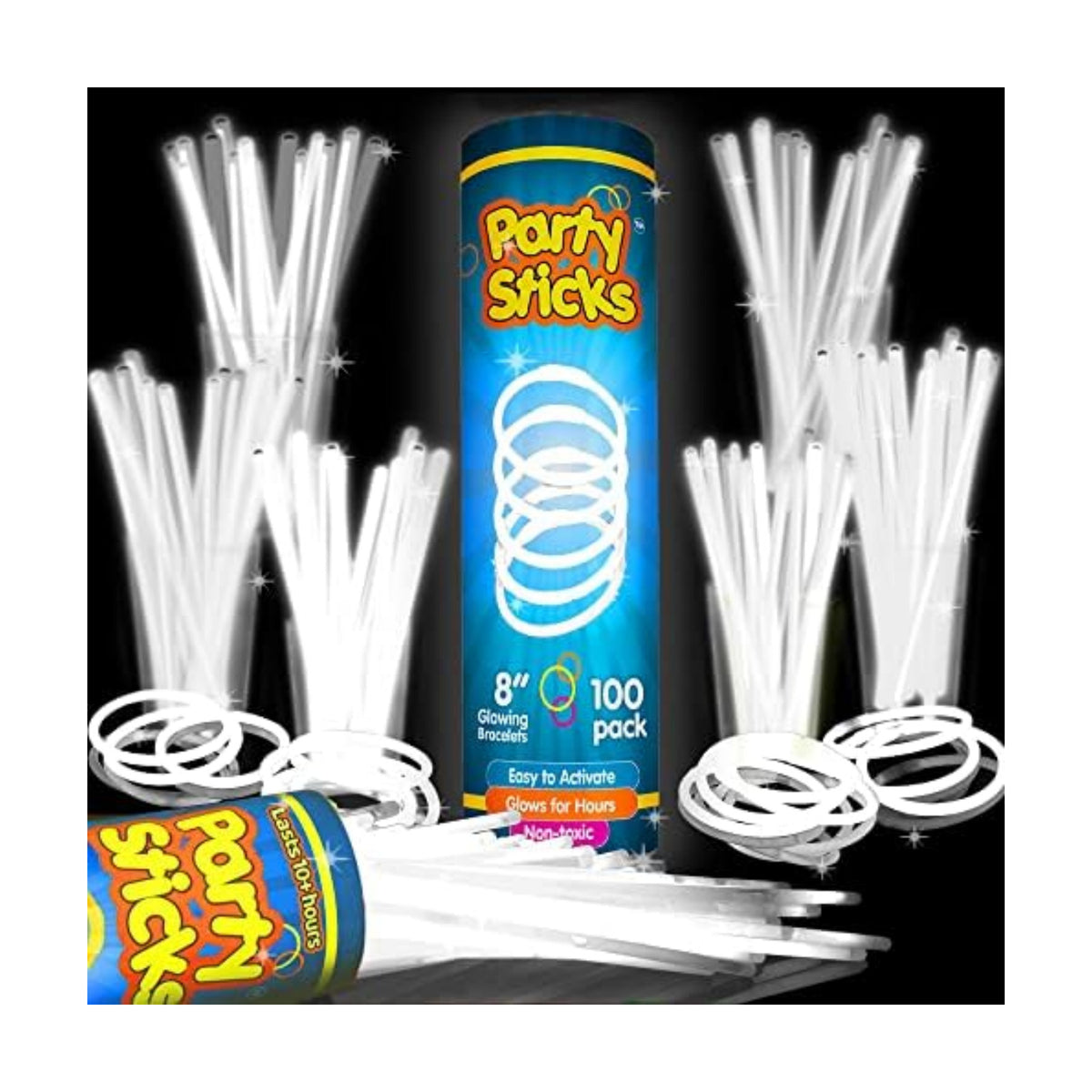 PartySticks White Glow Sticks - 100pk, 8 Glow In The Dark Light Up Party Favors, Decorations and Accessories