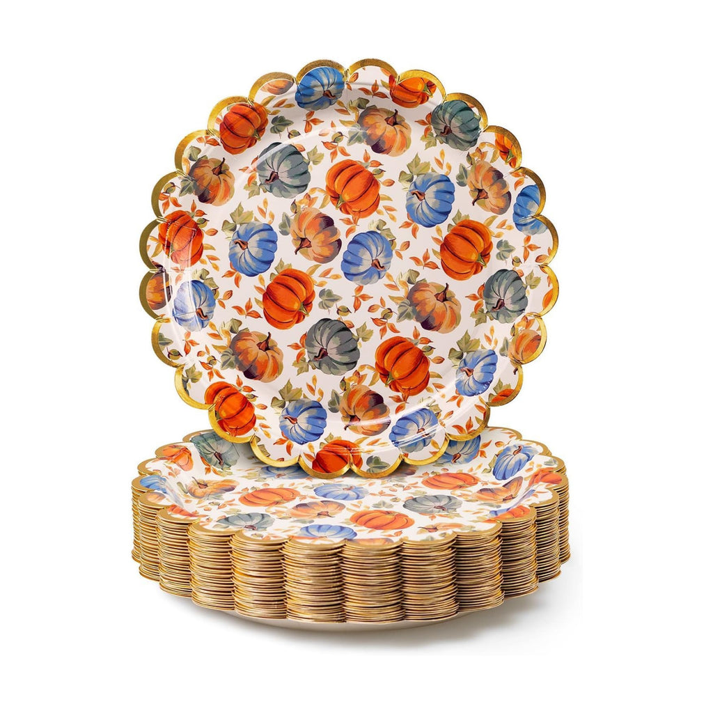 Confettiville Thanksgiving Paper Plates, 50-Count Fall-Themed Decorative Disposable Serving Plates, Pale Apricot, Gold Foil Scalloped Edge, 9 Inches