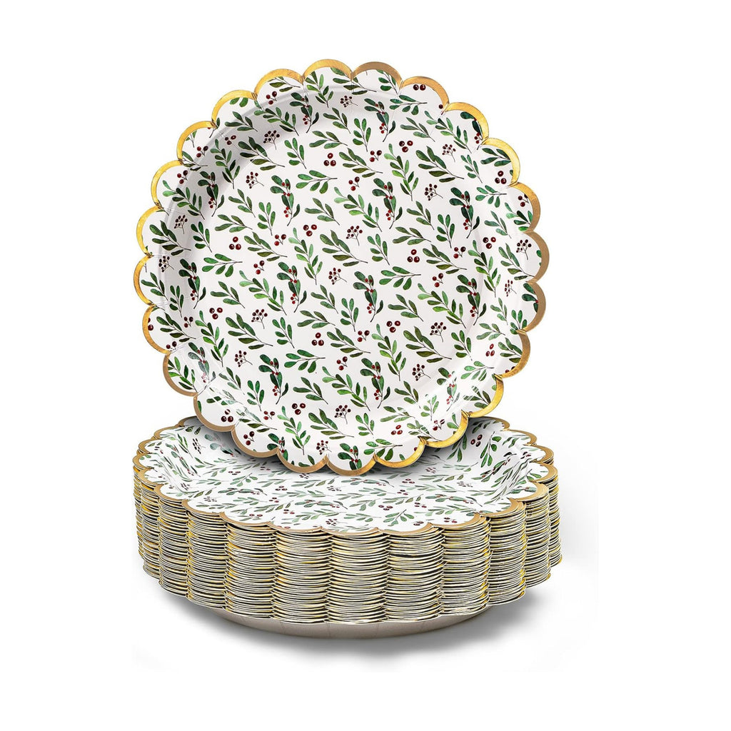 Confettiville Christmas Paper Plates, 50-Count Disposable Christmas Party Supplies, Holly, Gold Foil Scalloped Edge, 9 Inches