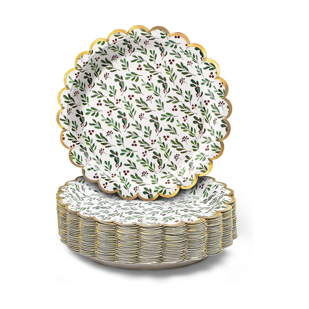 Confettiville Christmas Paper Plates, 50-Count Disposable Christmas Party Supplies, Holly, Gold Foil Scalloped Edge, 9 Inches