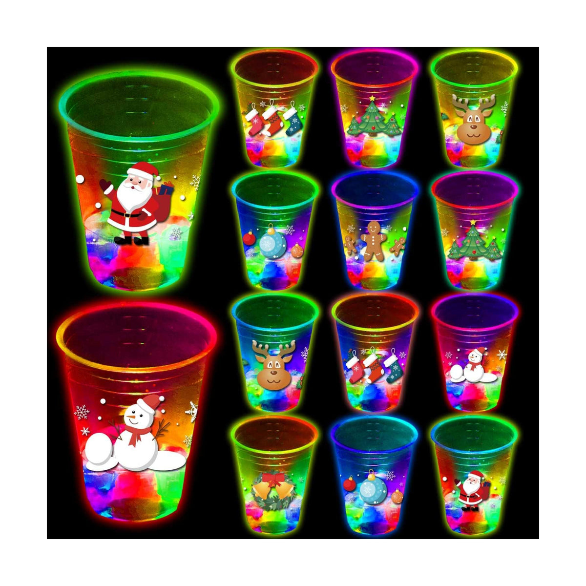 mishunyus 24 Pcs Christmas Party Cups, Glow Christmas Theme Cups, for Holiday Party Supplies, for Nighttime Fun, BBQ, Holiday Decor, with 8 pattern