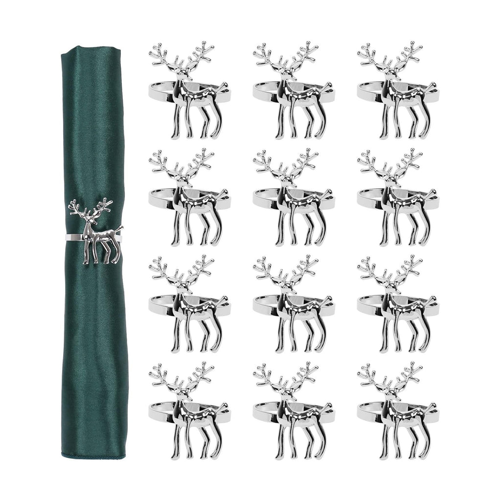 Silver Reindeer Napkin Rings Set of 12, Christmas Deer Ring Holders With Silver Buckle, Alloy Metal Napkin Rings For Holiday Party Table Setting