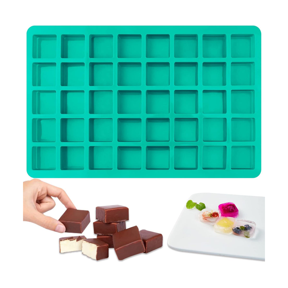 Sakolla Square Chocolate Mold, 40 Cavities Silicone Cube Mold for Chocolate, Candy, Caramel, Ice Cubes, Ganache, Gummy