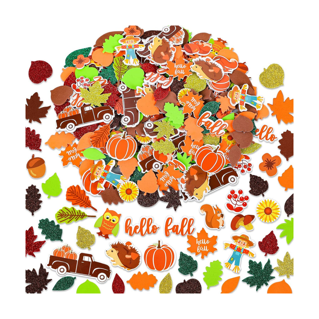 Whaline 460Pcs Fall Thanksgiving Foam Stickers Glitter Maple Leaves Pumpkin Self-Adhesive Sticker for Kids Party Favors Scrapbook Craft DIY Decor