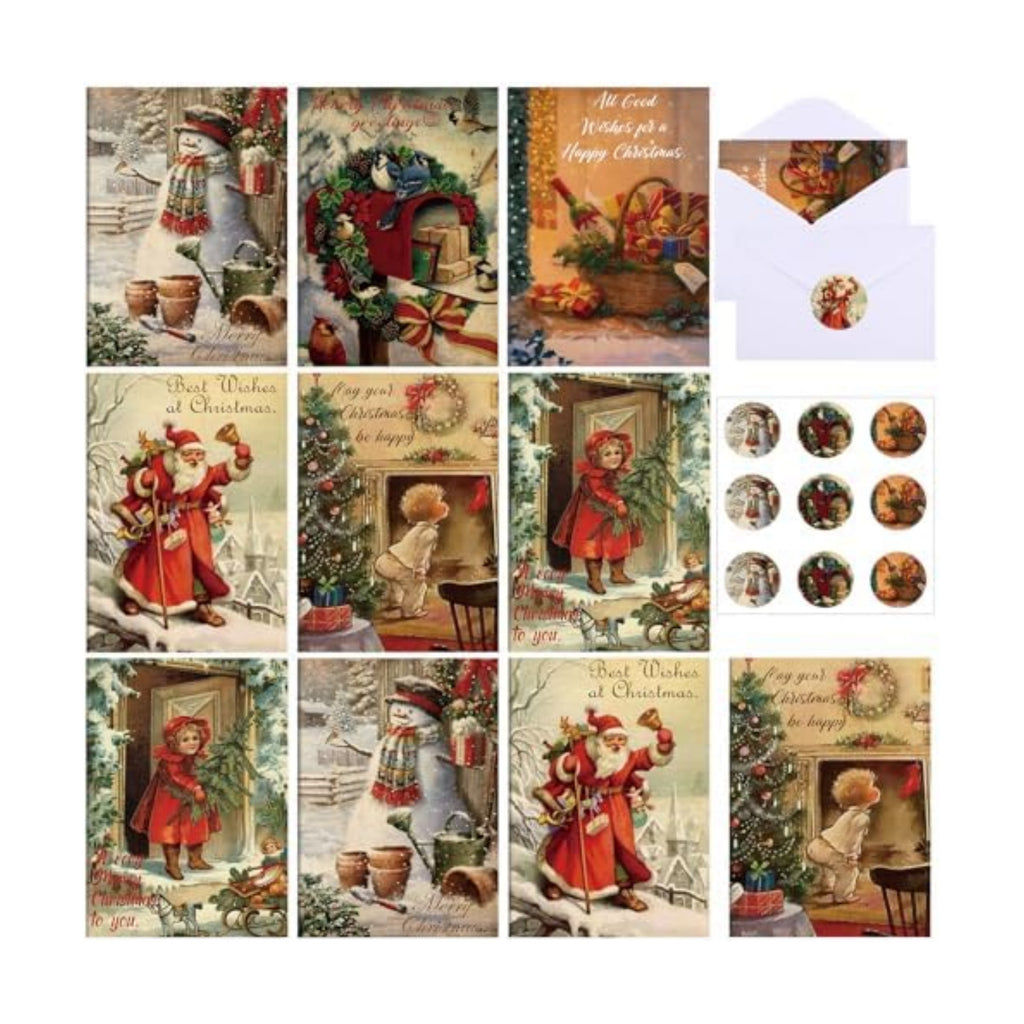 Hotop 120 Sets Vintage Christmas Cards Bulk Retro Christmas Postcards Xmas Tree Santa Snowman Little Girl Blank Note Holiday Greeting Card with Envelopes Stickers for Gift Friends Relatives