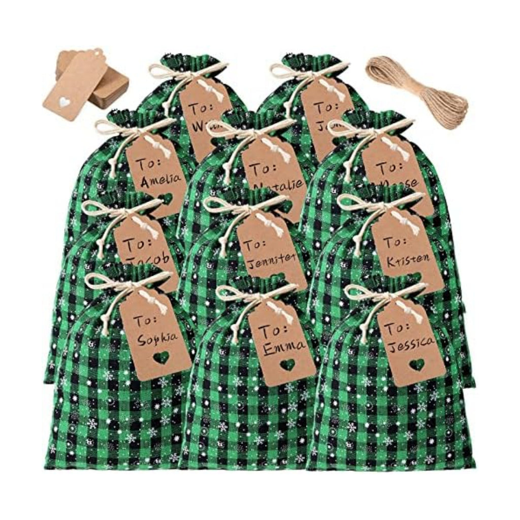 Shappy 24 Pcs Christmas Drawstring Gift Bags Xmas Buffalo Plaid Burlap Advent Bags 10 x 8 Inches Linen Treat Candy Bag with 32.8 ft Rope 24 Card(Black Green Snowflake)