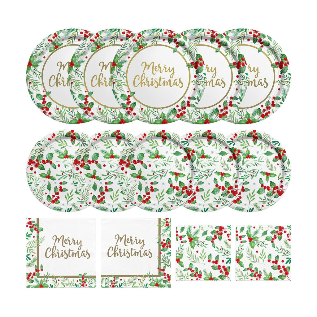 Christmas Party Supplies, Serve 50, Christmas Seasonal Holly Tableware Includes: Paper Dinner Plates, Dessert Plates, Luncheon Napkins and Beverage napkins, Great for Party Decorations