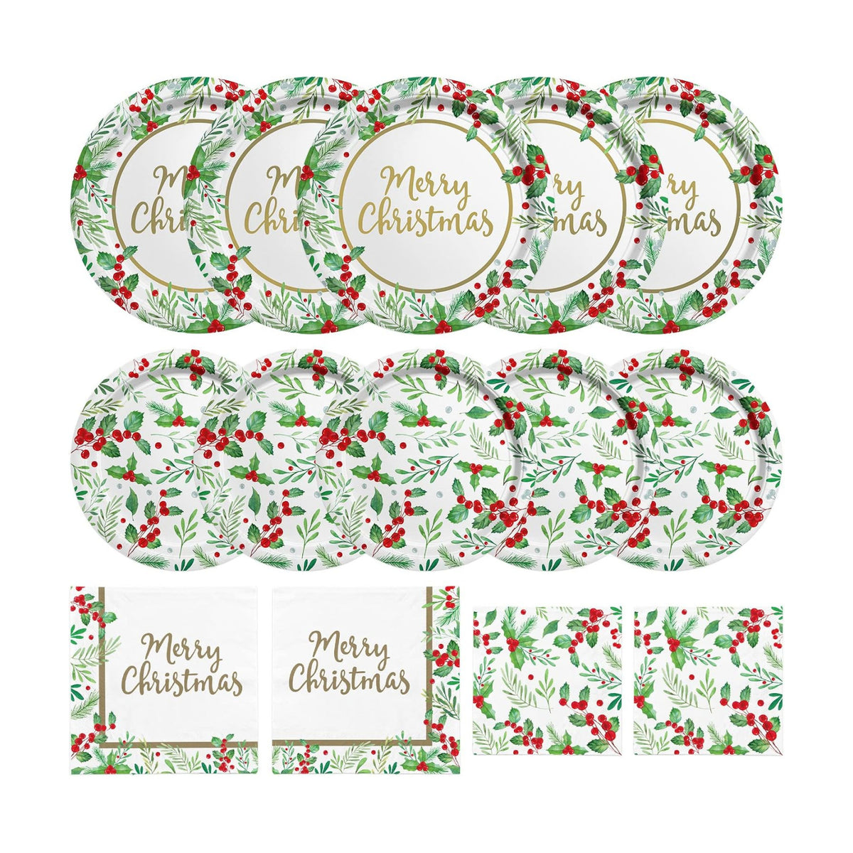 Christmas Party Supplies, Serve 50, Christmas Seasonal Holly Tableware Includes: Paper Dinner Plates, Dessert Plates, Luncheon Napkins and Beverage napkins, Great for Party Decorations