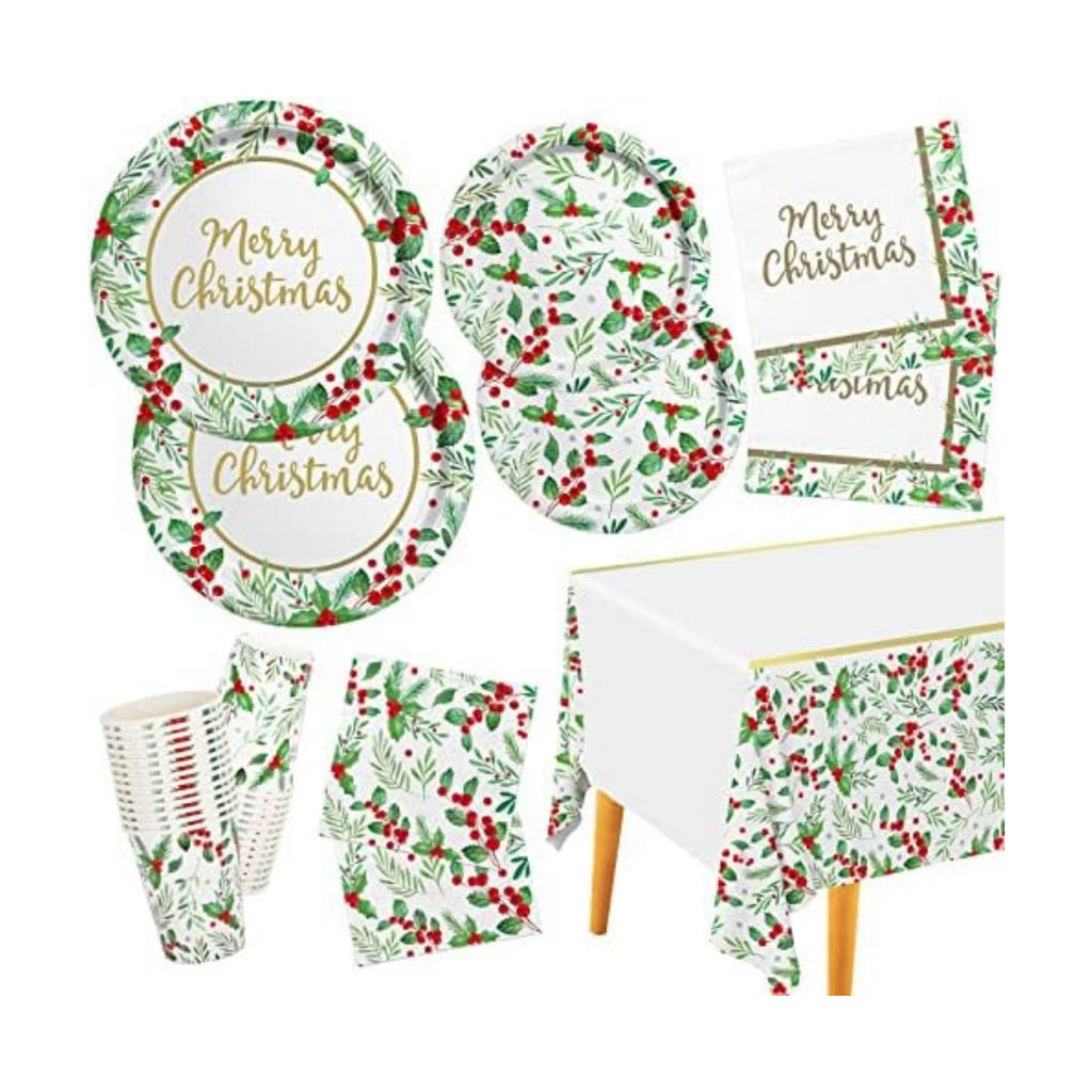 Christmas Party Supplies, Christmas Seasonal Holly Tableware Includes: Paper Dinner Plates, Dessert Plates, Luncheon Napkins and Beverage napkins, Great for Party Decorations (25 SET)