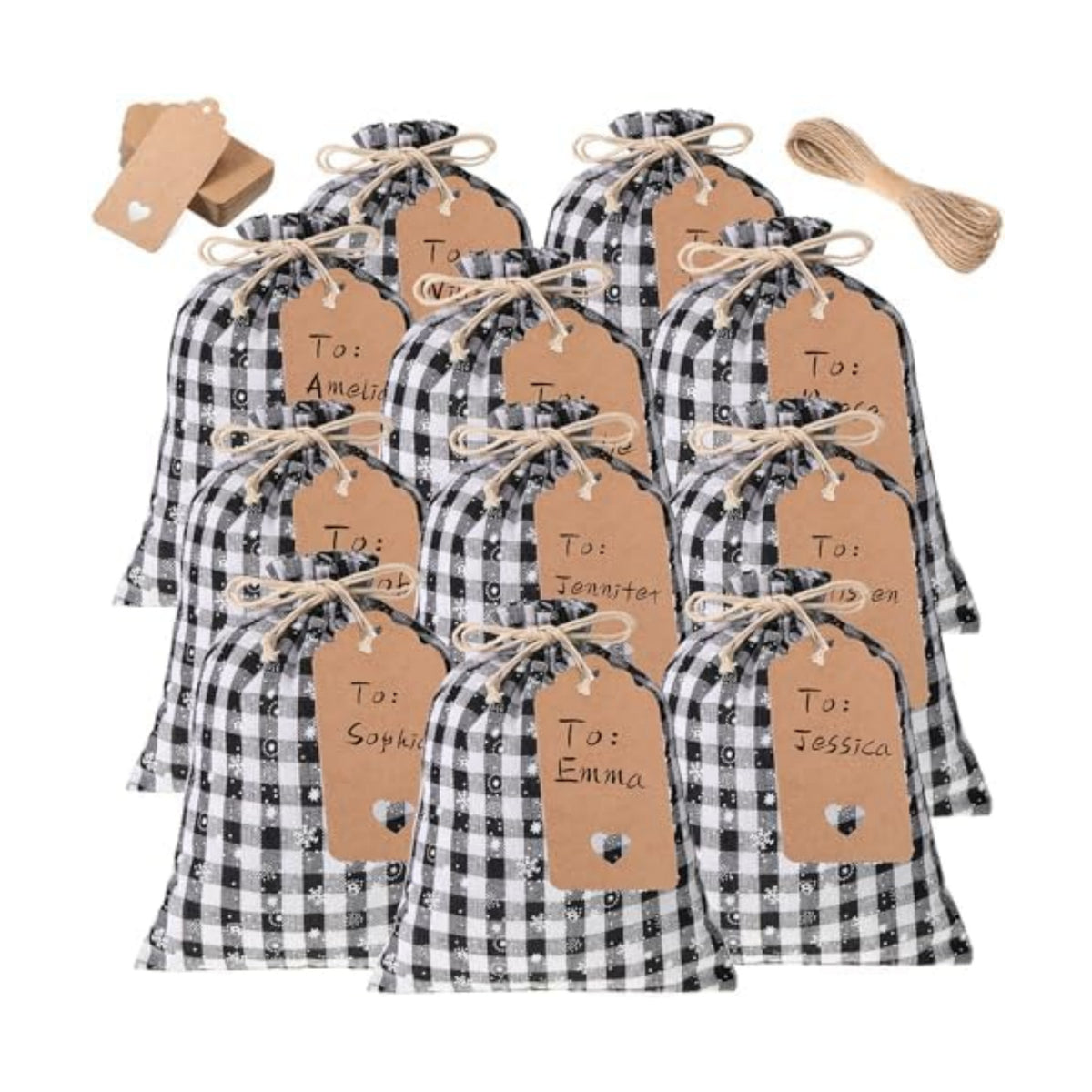 Shappy 24 Pcs Christmas Drawstring Gift Bags Xmas Buffalo Plaid Burlap Advent Bags 10 x 8 Inches Linen Treat Candy Bag with 32.8 ft Rope 24 Card(Black White Snowflake)