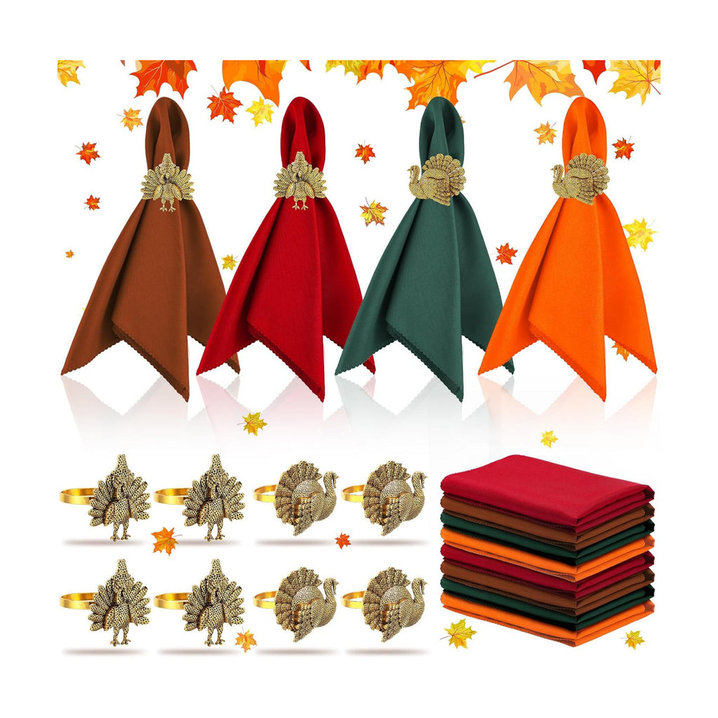 EBOOT 16 Pcs Fall Thanksgiving Napkin Ring Set 8 Napkin Rings and 8 Washable Thanksgiving Dinner Napkins for Fall Party Holiday Kitchen Table Decoration for Autumn Party Supplies(Turkey,Metal)