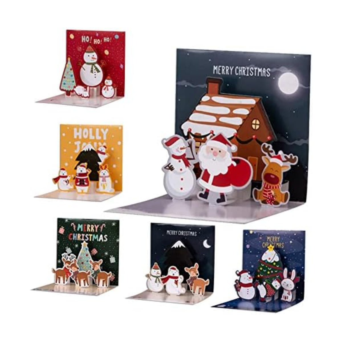 Christmas Cards, 6 Pack Small Pop Up Christmas Gift Cards with Envelopes Stickers, 3D Cute Holiday Greeting Card Santa Snowman Reindeer Xmas Tree Bulk Set Xmas Card for Kids 4.3x4.3inch