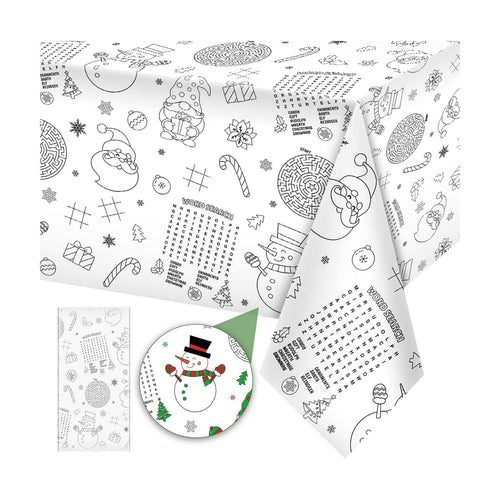 1 Pack Christmas Tablecloth Xmas Activity Paper Tablecloth Santa Claus Snowman Gnome Color-in Paper Disposable Tablecover for Kids Christmas Winter Holiday Birthday Party Decoration 54X108 Inch