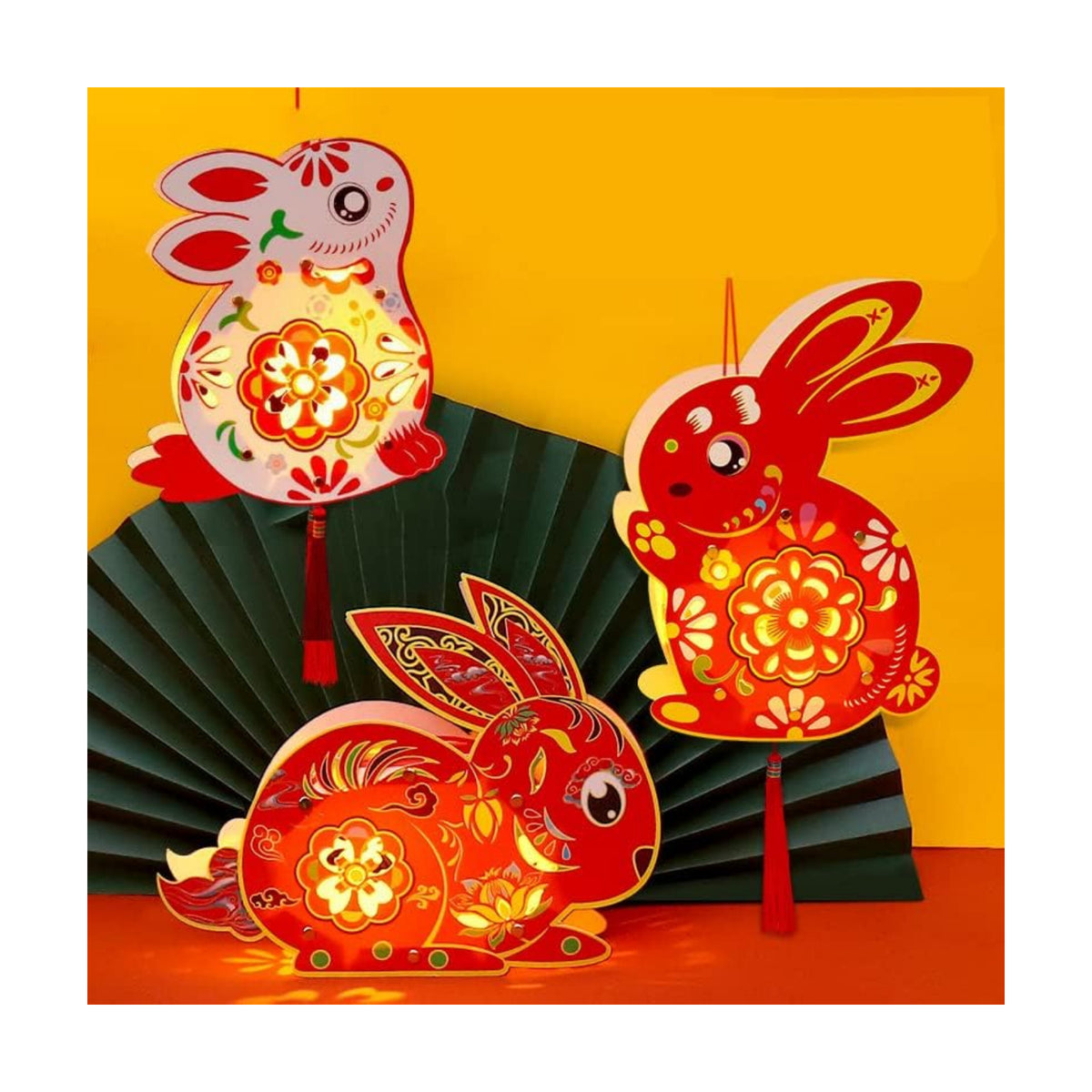 Mid-Autumn Festival Decoration 3pcs Rabbit DIY Hanging Lanterns Cute Bunny Moon Festival Ornament Hand-Held Portable Lantern Holiday Decor Lunar Year Spring Festival Decor