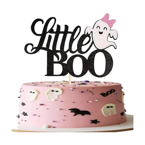 1 Pack Little Boo Halloween Cake Topper Glitter Happy Boo Day Ghost Cake Pick Baby Shower Kids Birthday Party Cupcake Decoration Supplies Black