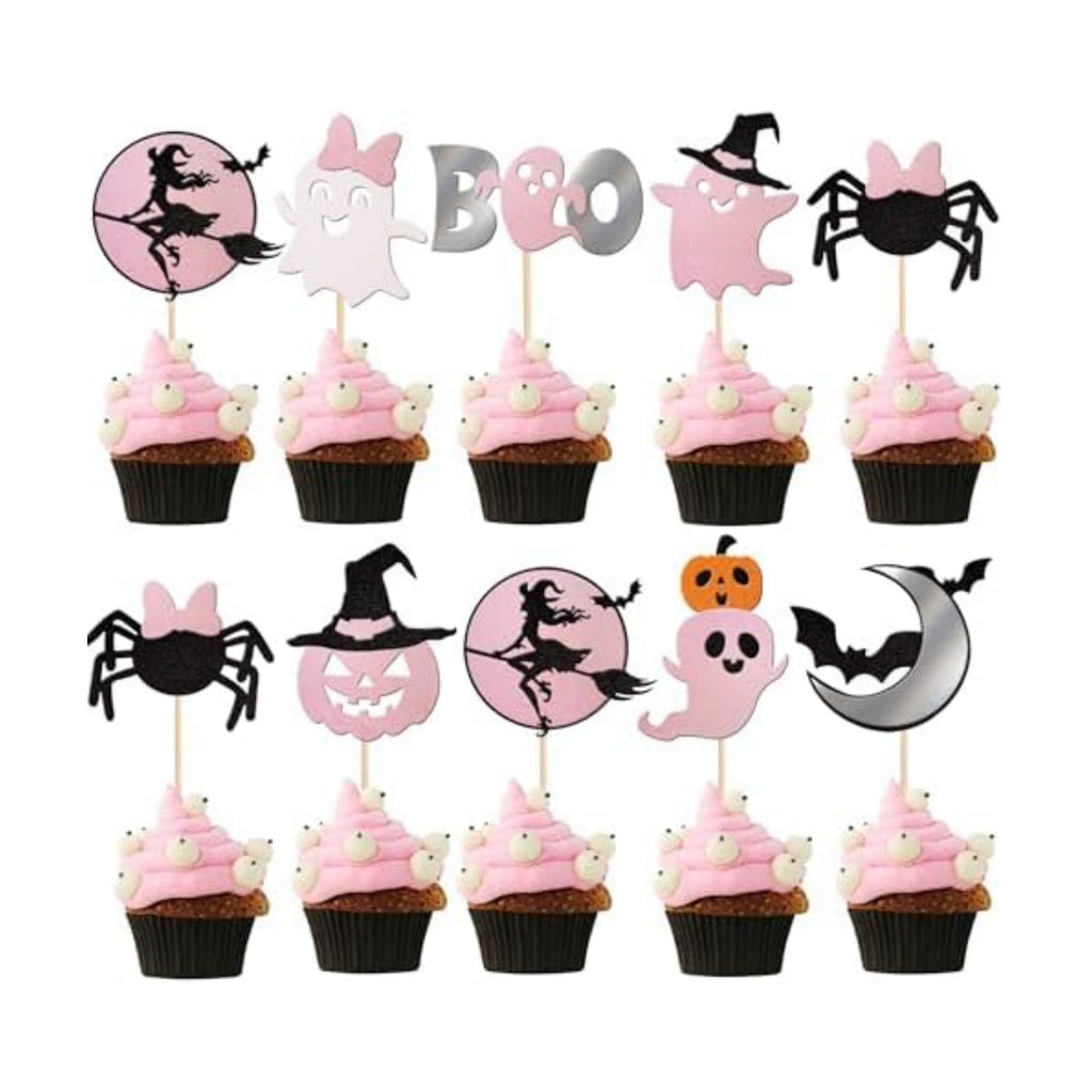 24 PCS Spooky Halloween Cupcake Toppers Pink Glitter Bat Pumpkin Spider Witch Ghost Boo Spooky Cupcake Picks for Halloween Theme Baby Shower Kids Birthday Party Cake Decorations Supplies