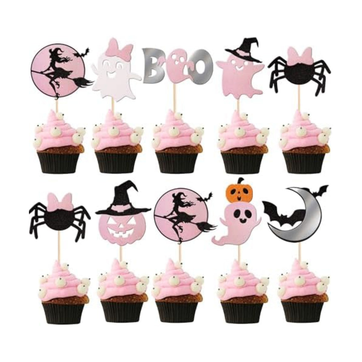 24 PCS Spooky Halloween Cupcake Toppers Pink Glitter Bat Pumpkin Spider Witch Ghost Boo Spooky Cupcake Picks for Halloween Theme Baby Shower Kids Birthday Party Cake Decorations Supplies