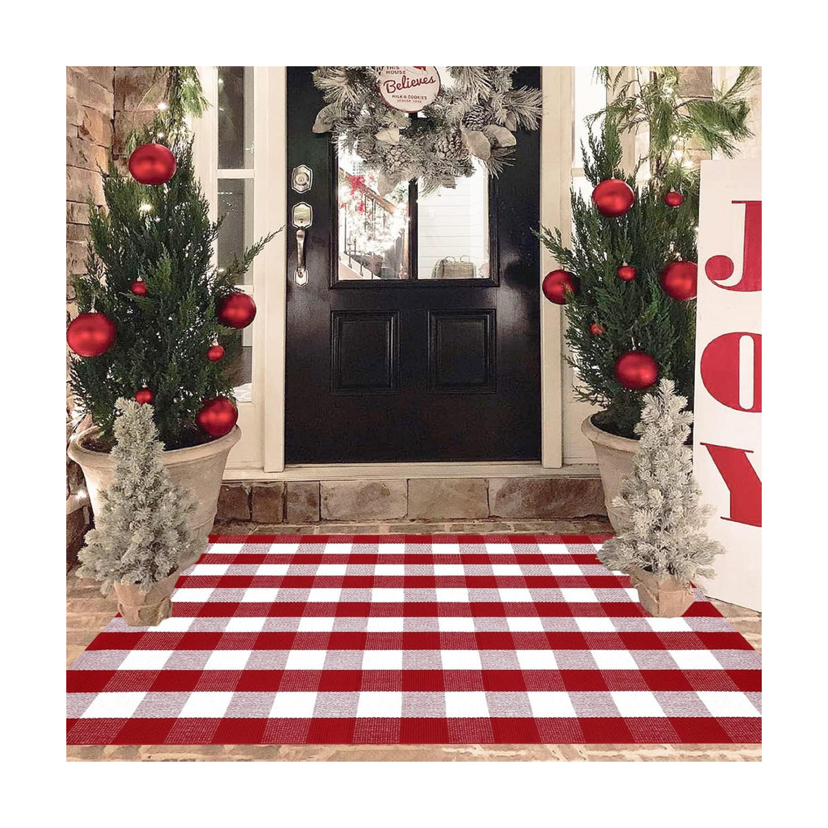 Christmas Red and White Plaid Rug, 4' x 6' Cotton Hand-Woven Layered Door Mat for Front Porch, Entryway, Outdoor Holiday Decor, Washable Buffalo Check Rug for Home, Patio, Kitchen