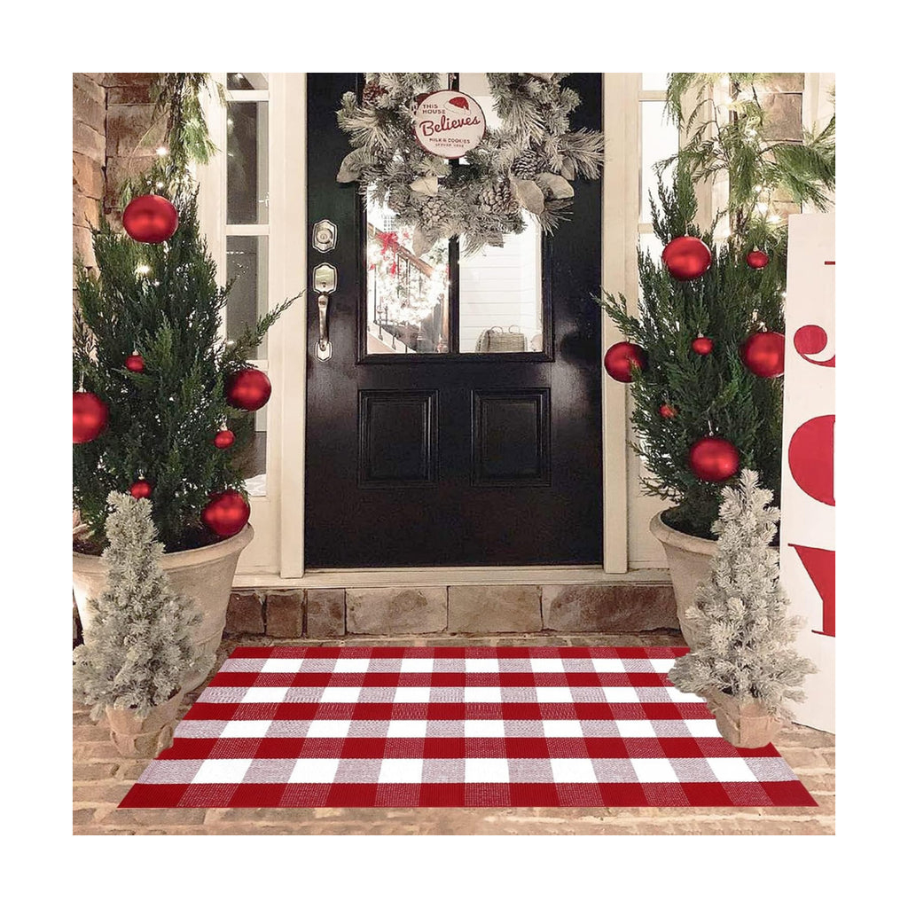 Christmas Red and White Plaid Rug, 3' x 5' Cotton Hand-Woven Layered Door Mat for Front Porch, Entryway, Outdoor Holiday Decor, Washable Buffalo Check Rug for Home, Patio, Kitchen