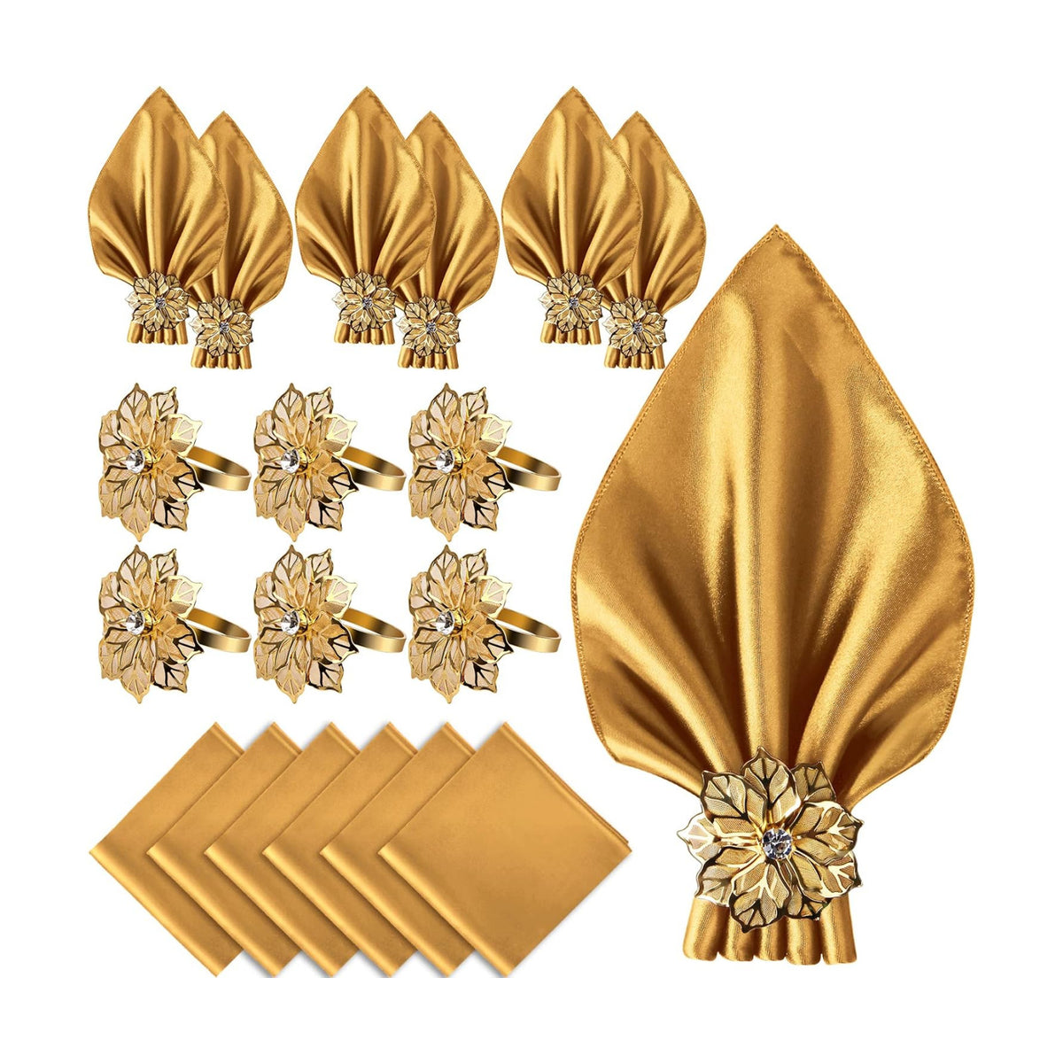 12 Pack Gold Napkin Rings and Cloth Napkins Set of 6, 17x17 Satin Cocktail Napkins Bulk Table Napkins Holder for Wedding Reception Personalized Napkins Bridal Shower for Party Decorative