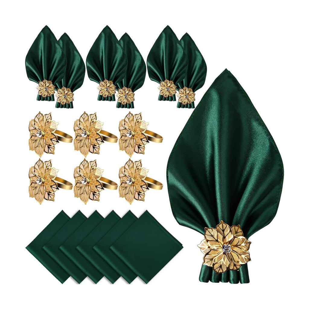 12 Pack Gold Napkin Rings and Cloth Napkins Set of 6, 17x17 Satin Cocktail Napkins Bulk Table Napkins Holder for Wedding Reception Personalized Napkins Bridal Shower for Party Decorative