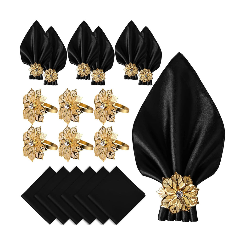 12 Pack Gold Napkin Rings and Cloth Napkins Set of 6, 17x17 Satin Cocktail Napkins Bulk Table Napkins Holder for Wedding Reception Personalized Napkins Bridal Shower for Party Decorative