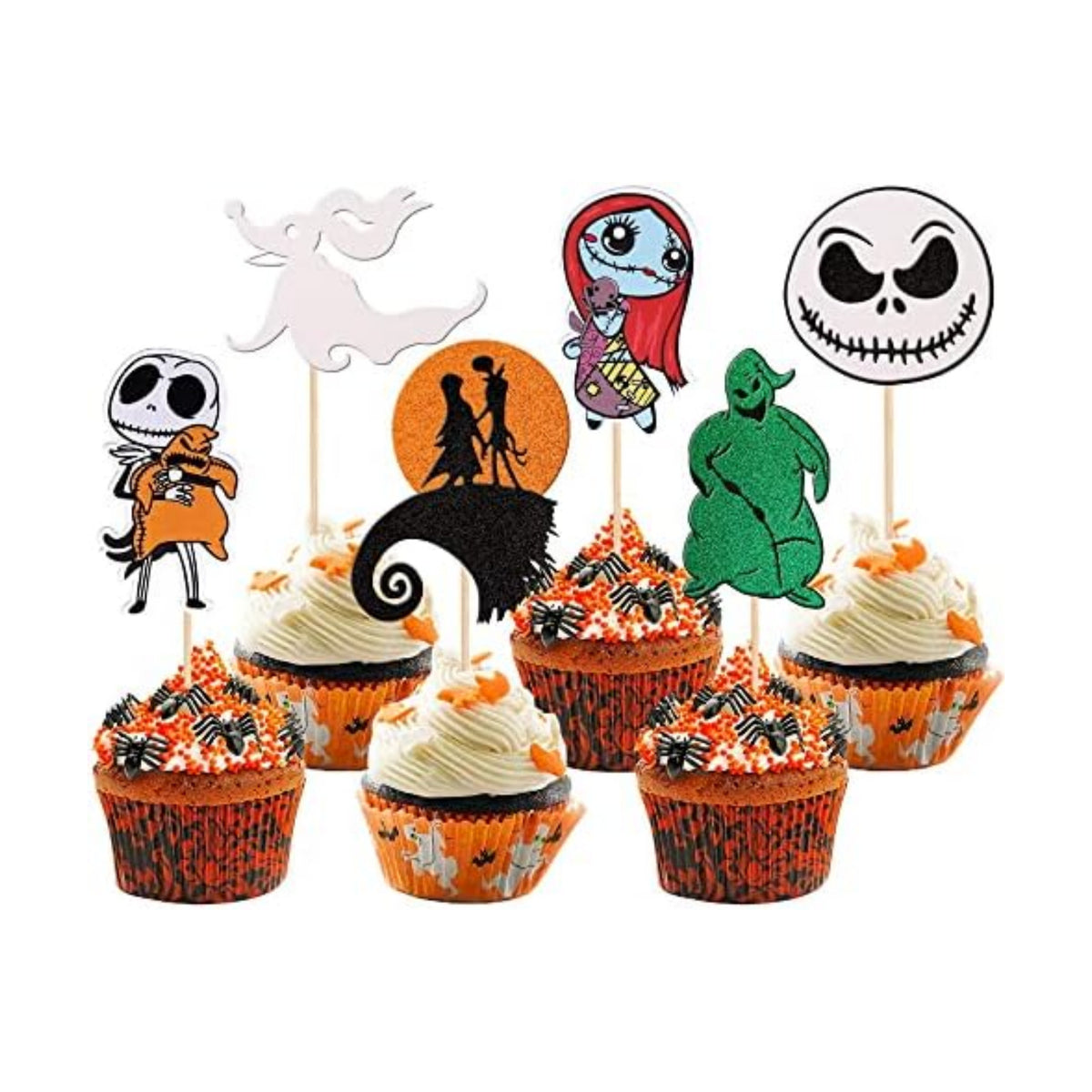24 PCS Jack Skellington Halloween Cupcake Toppers Glitter Skull Ghost Jack and Sally Cupcake Picks for Nightmare Theme Wedding Anniversary Birthday Party Cake Decorations Supplies