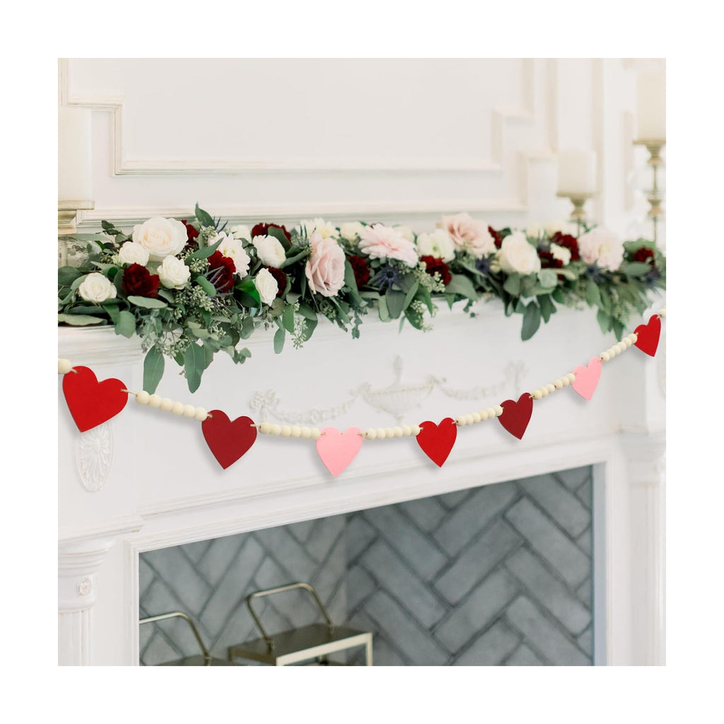 DAZONGE Valentines Day Decorations, Wood Bead Garland with Felt Hearts for Valentine Decor, Red and Pink Farmhouse Valentine’s Day Banner for Wedding, Anniversary Decorations