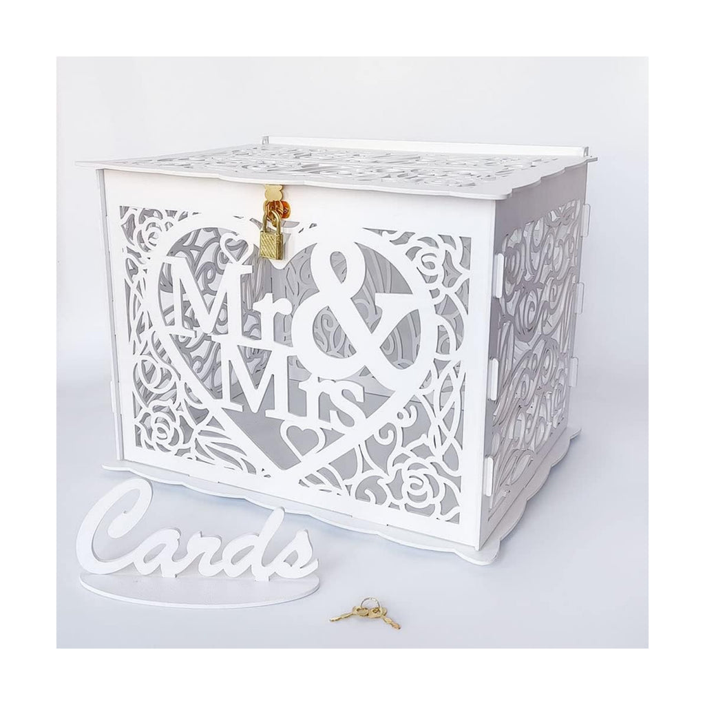 Jolik Wedding Money Box Holder with Sign, Large Rustic Wood Wooden DIY Envelop Gift Card Shadow Boxes with Lock Slot for Reception Anniversary Graduation Birthday Party Parties (Mr & Mrs, White)